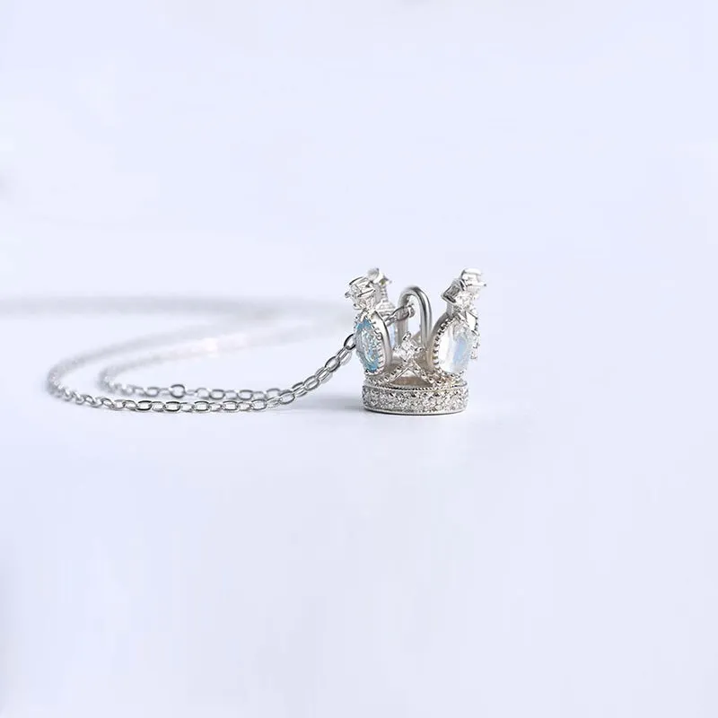 Cute Ladies Sterling Silver Moonstone Topaz Crown Pendant Necklace for Women