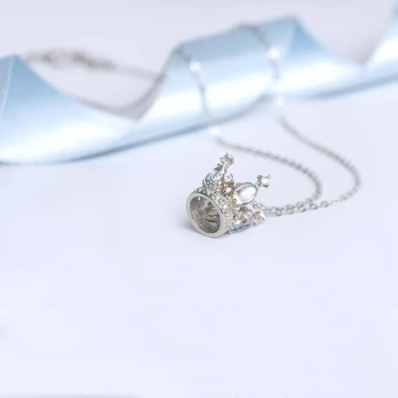 Cute Ladies Sterling Silver Moonstone Topaz Crown Pendant Necklace for Women
