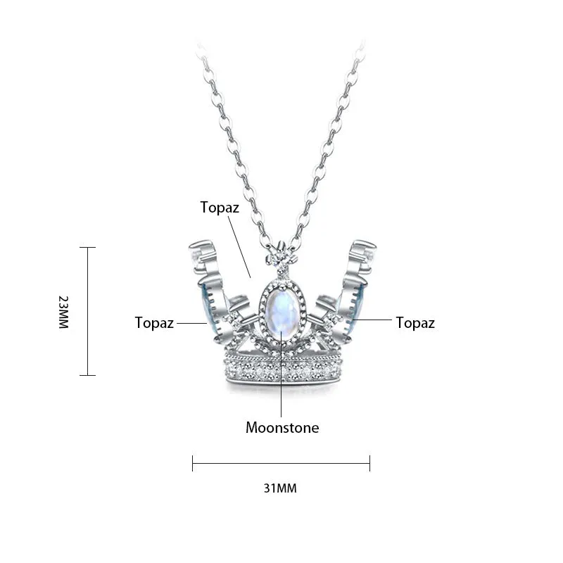Cute Ladies Sterling Silver Moonstone Topaz Crown Pendant Necklace for Women
