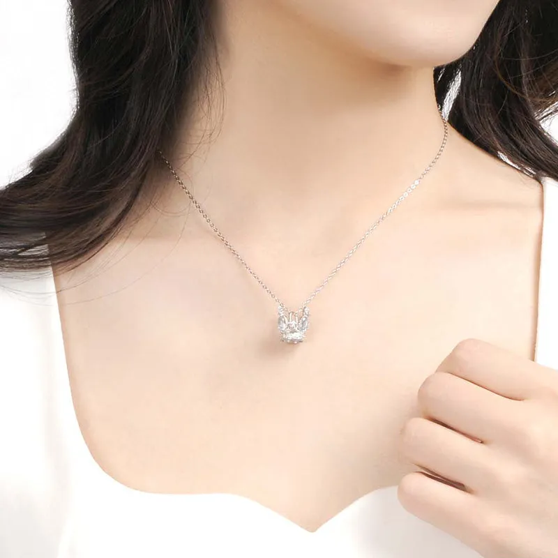Cute Ladies Sterling Silver Moonstone Topaz Crown Pendant Necklace for Women
