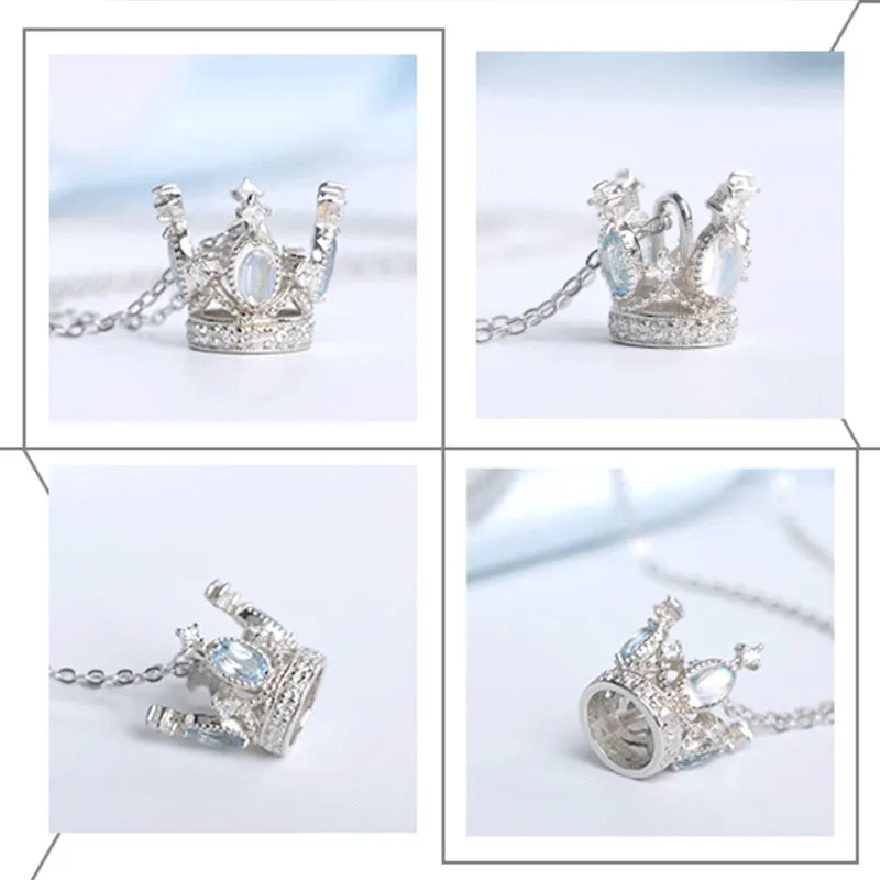 Cute Ladies Sterling Silver Moonstone Topaz Crown Pendant Necklace for Women