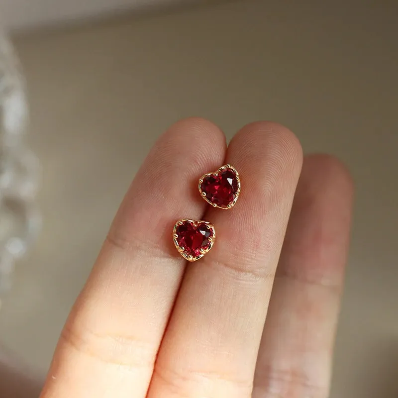 Cute Little Red Zircon Love Heart Stud Earrings