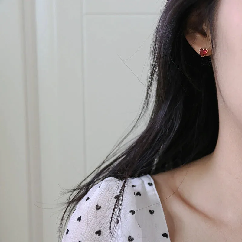 Cute Little Red Zircon Love Heart Stud Earrings