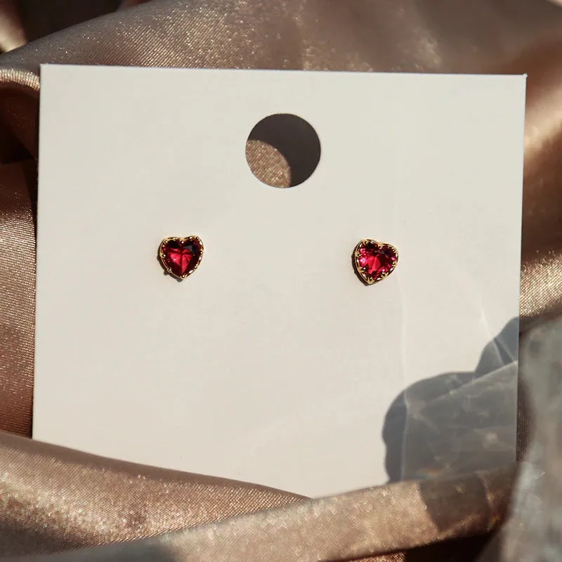 Cute Little Red Zircon Love Heart Stud Earrings