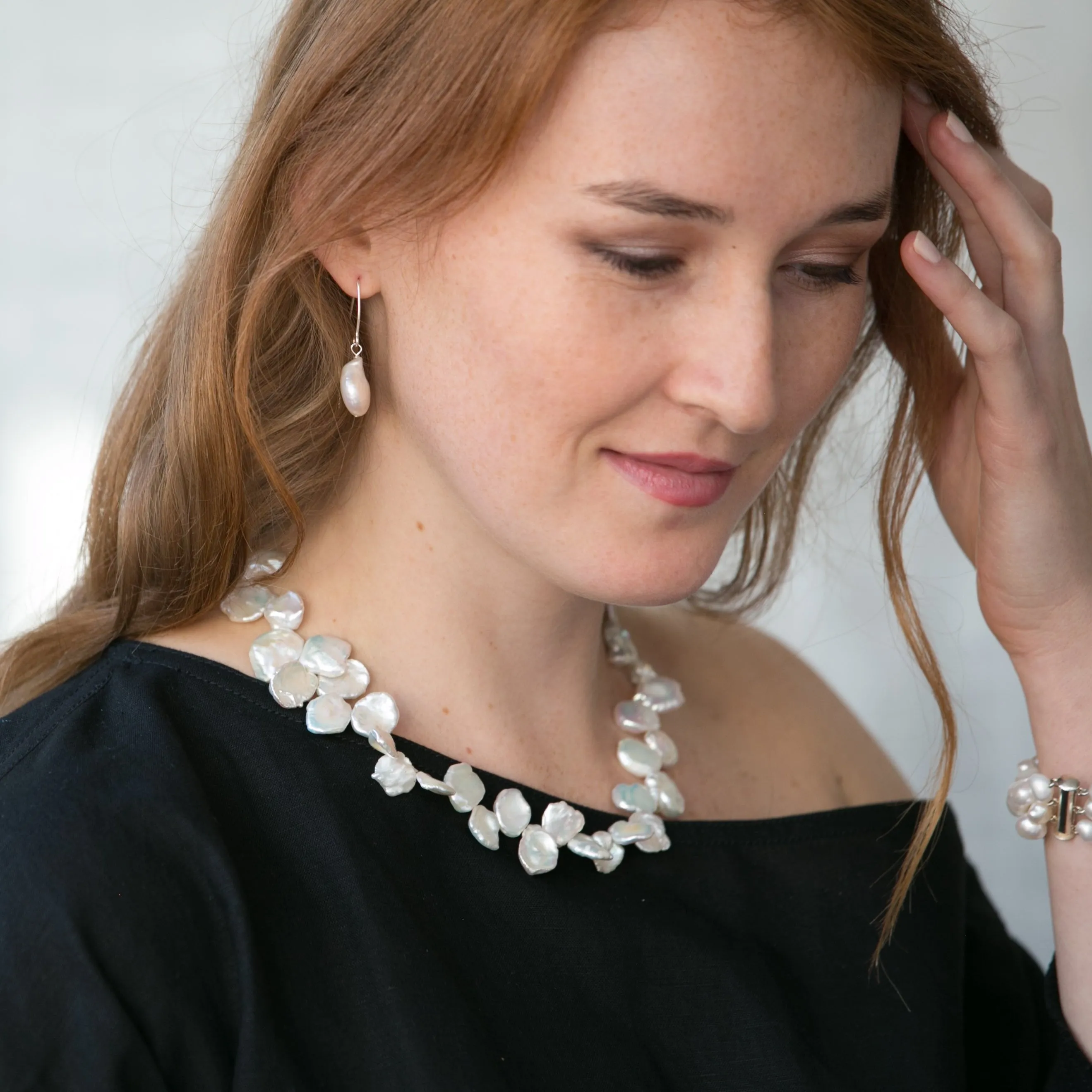 Decus large iridescent white keishi pearl necklace