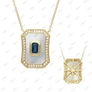 Diamond Blue Sapphire Mother of Pearl Pendant Necklace 15x20mm