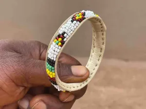 Diamonds Design Narrow White Beaded Leather Bracelet - Mali Diamonds Design Narrow White Beaded Leather Bracelet - Mali