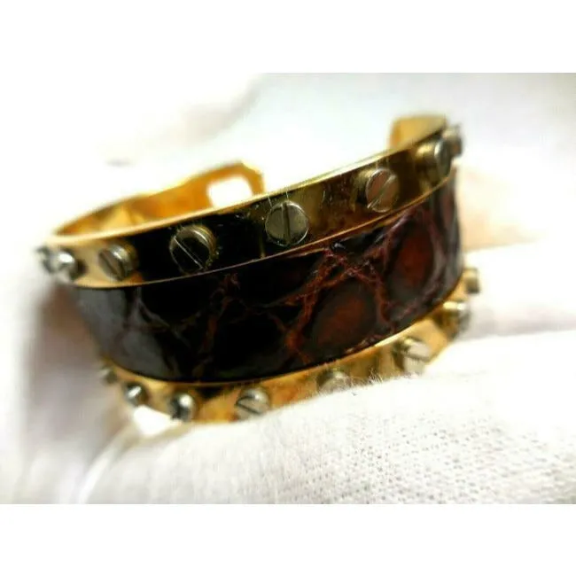 Dolce And Gabbana Two Tone Croc And G Logo Designer Bracelet