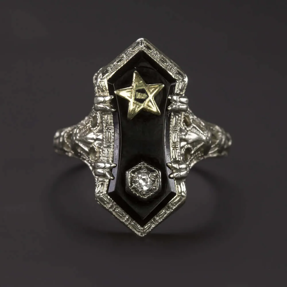 EASTERN STAR DIAMOND BLACK ONYX COCKTAIL RING VINTAGE 14k WHITE GOLD FILIGREE