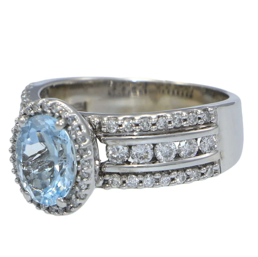 Effy Oval Aquamarine Diamond Halo Cocktail Ring 14k White Gold 2.10ctw Wide