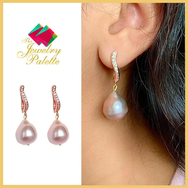 Eloise lavender Edison pearl and rose gold drop earrings