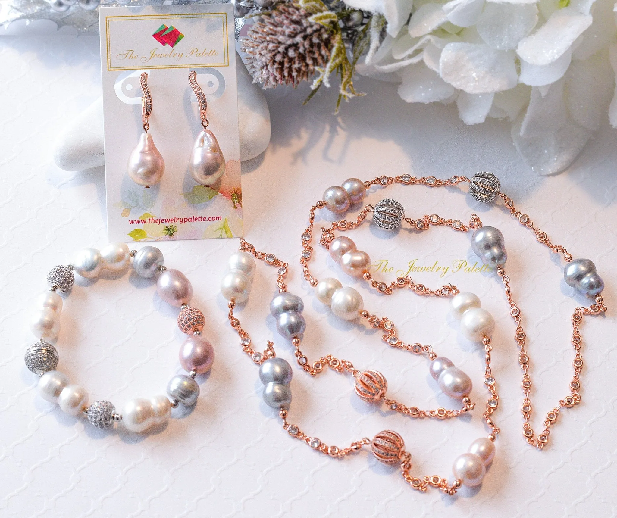 Eloise lavender Edison pearl and rose gold drop earrings
