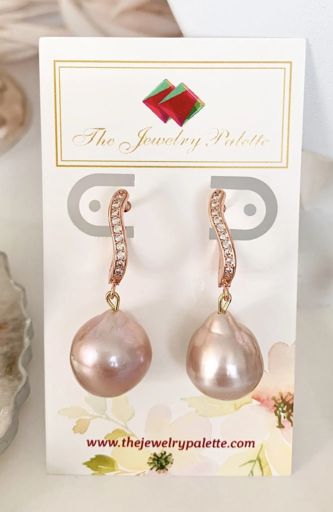 Eloise lavender Edison pearl and rose gold drop earrings