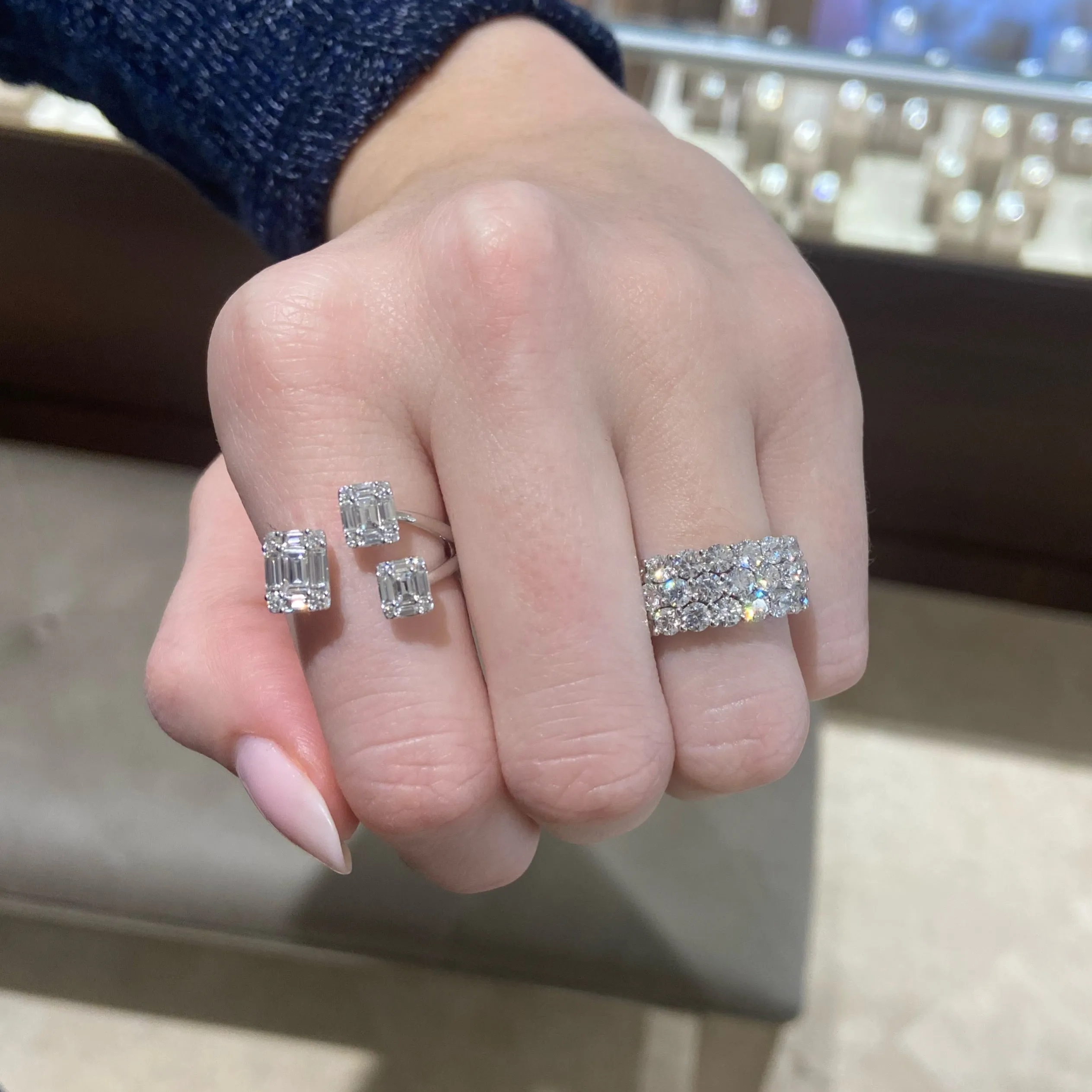 Emerald Cut Diamond Illusion Trio Open Ring