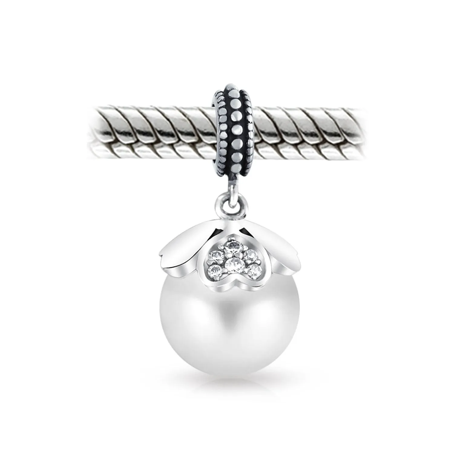 Flower White Simulated Pearl Dangle Spacer Bead Charm Sterling Silver