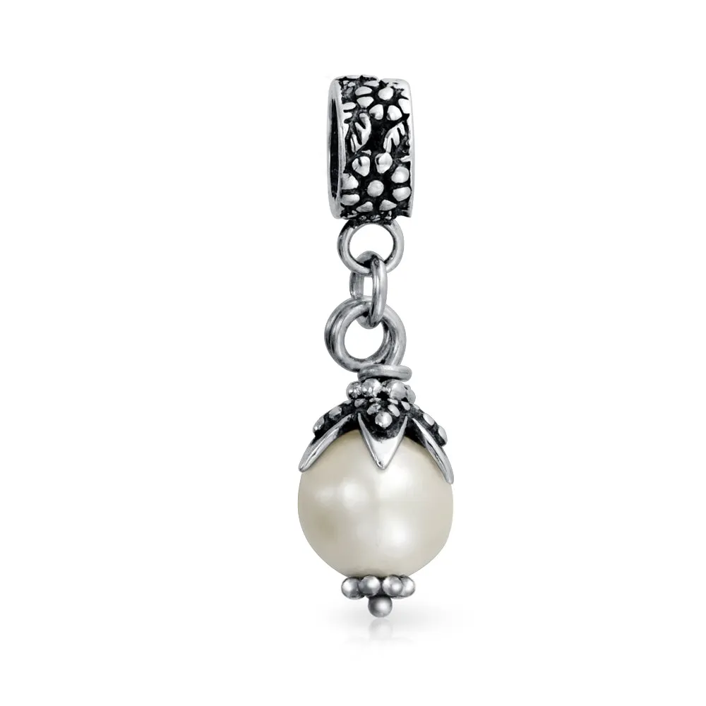 Flower White Simulated Pearl Dangle Spacer Bead Charm Sterling Silver
