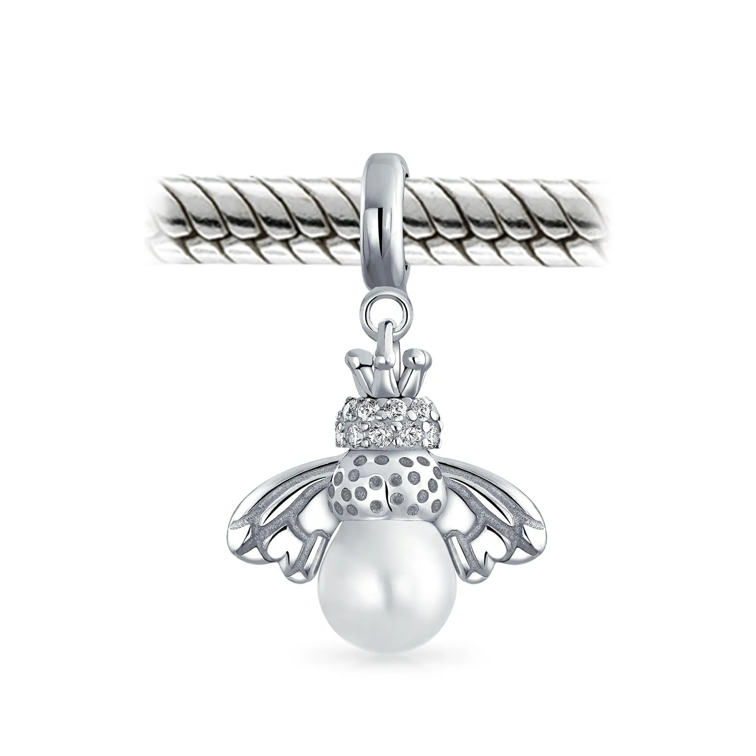 Flower White Simulated Pearl Dangle Spacer Bead Charm Sterling Silver