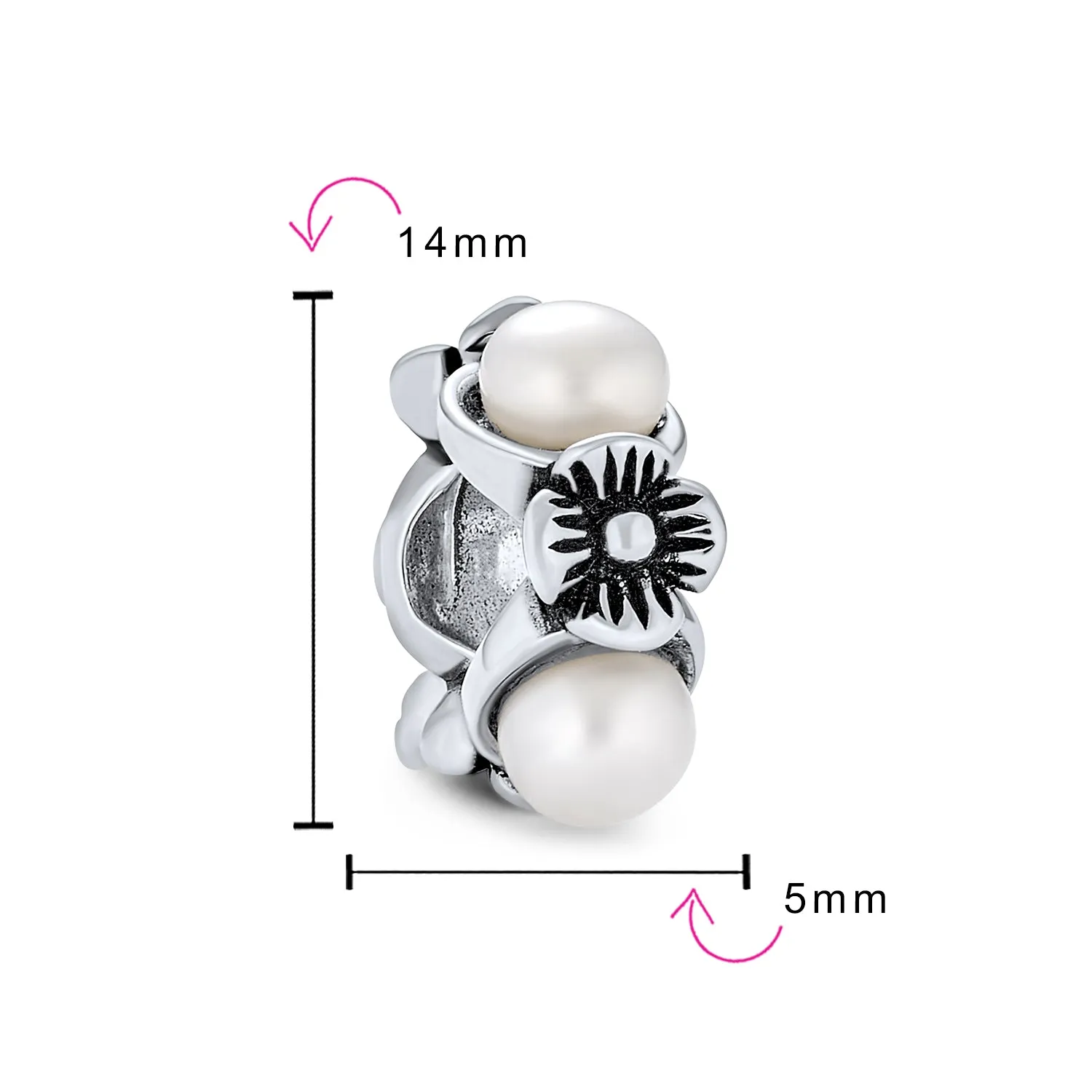 Flower White Simulated Pearl Dangle Spacer Bead Charm Sterling Silver