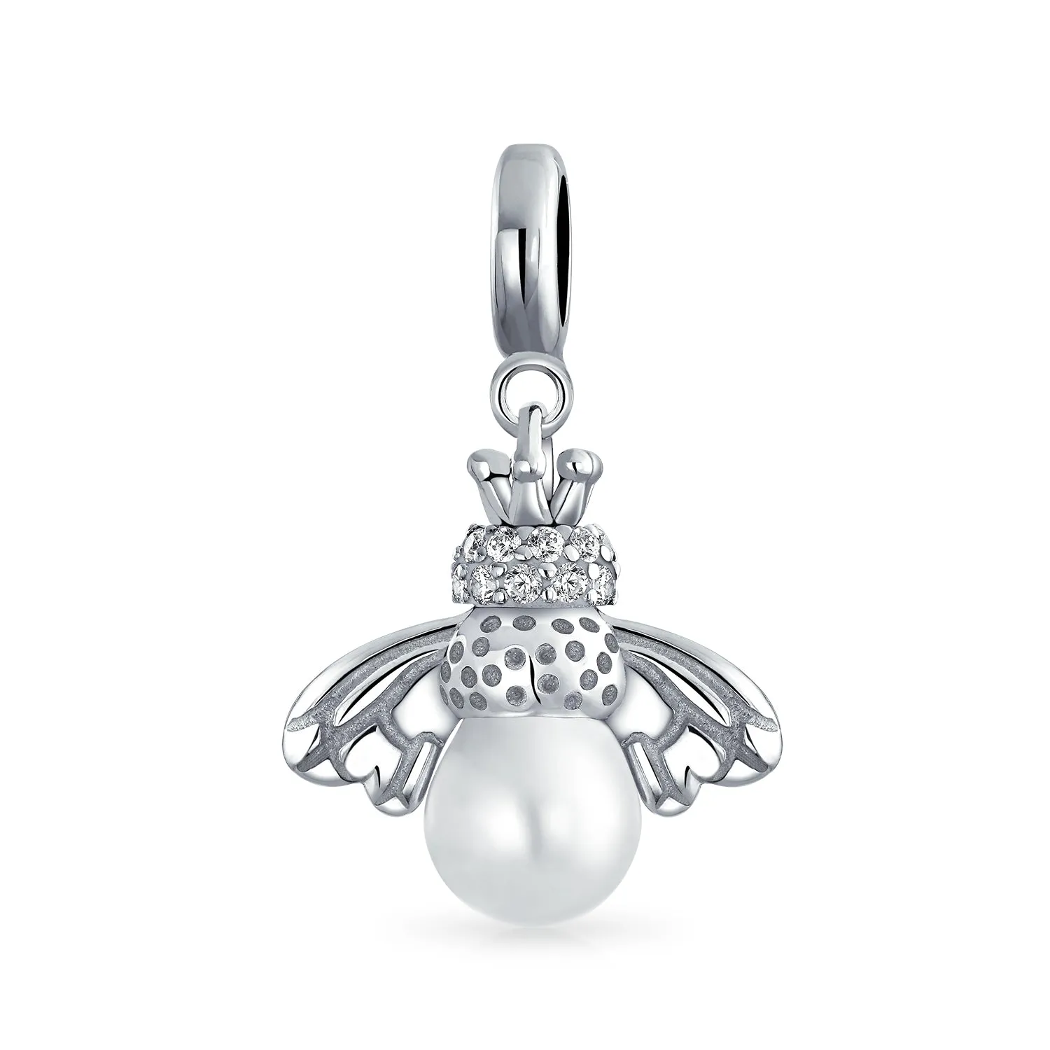 Flower White Simulated Pearl Dangle Spacer Bead Charm Sterling Silver