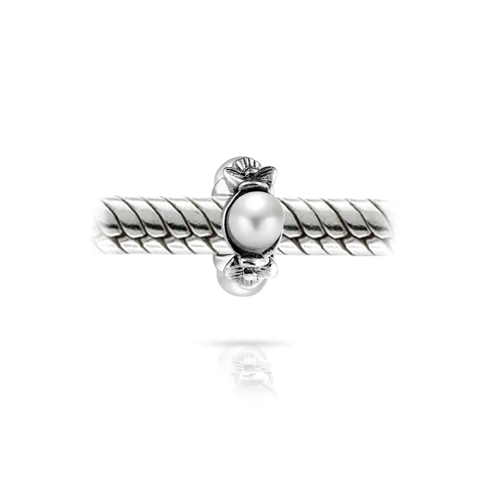 Flower White Simulated Pearl Dangle Spacer Bead Charm Sterling Silver