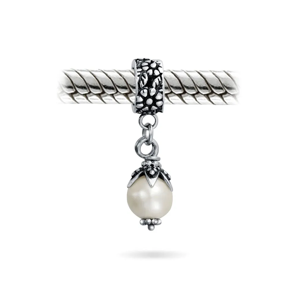 Flower White Simulated Pearl Dangle Spacer Bead Charm Sterling Silver