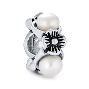 Flower White Simulated Pearl Dangle Spacer Bead Charm Sterling Silver