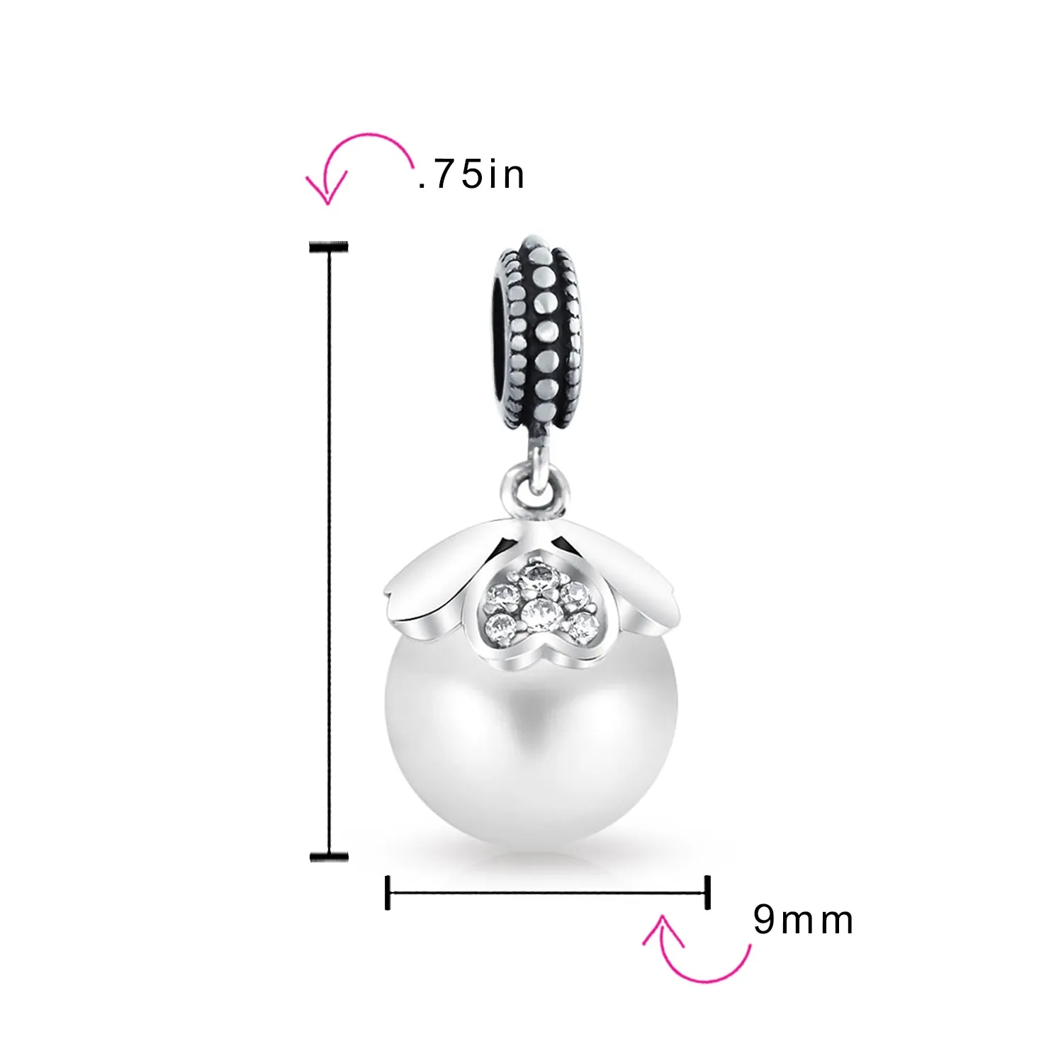 Flower White Simulated Pearl Dangle Spacer Bead Charm Sterling Silver