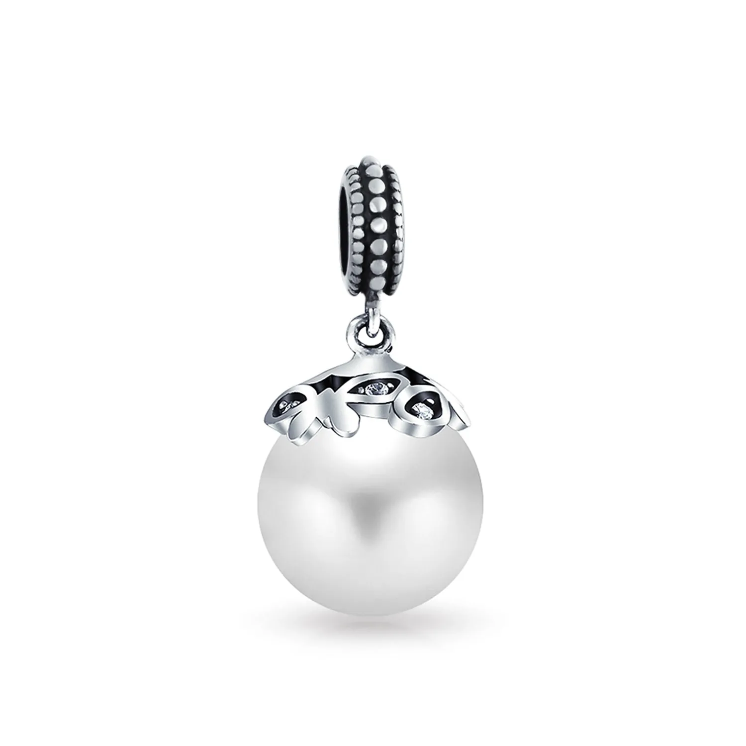 Flower White Simulated Pearl Dangle Spacer Bead Charm Sterling Silver