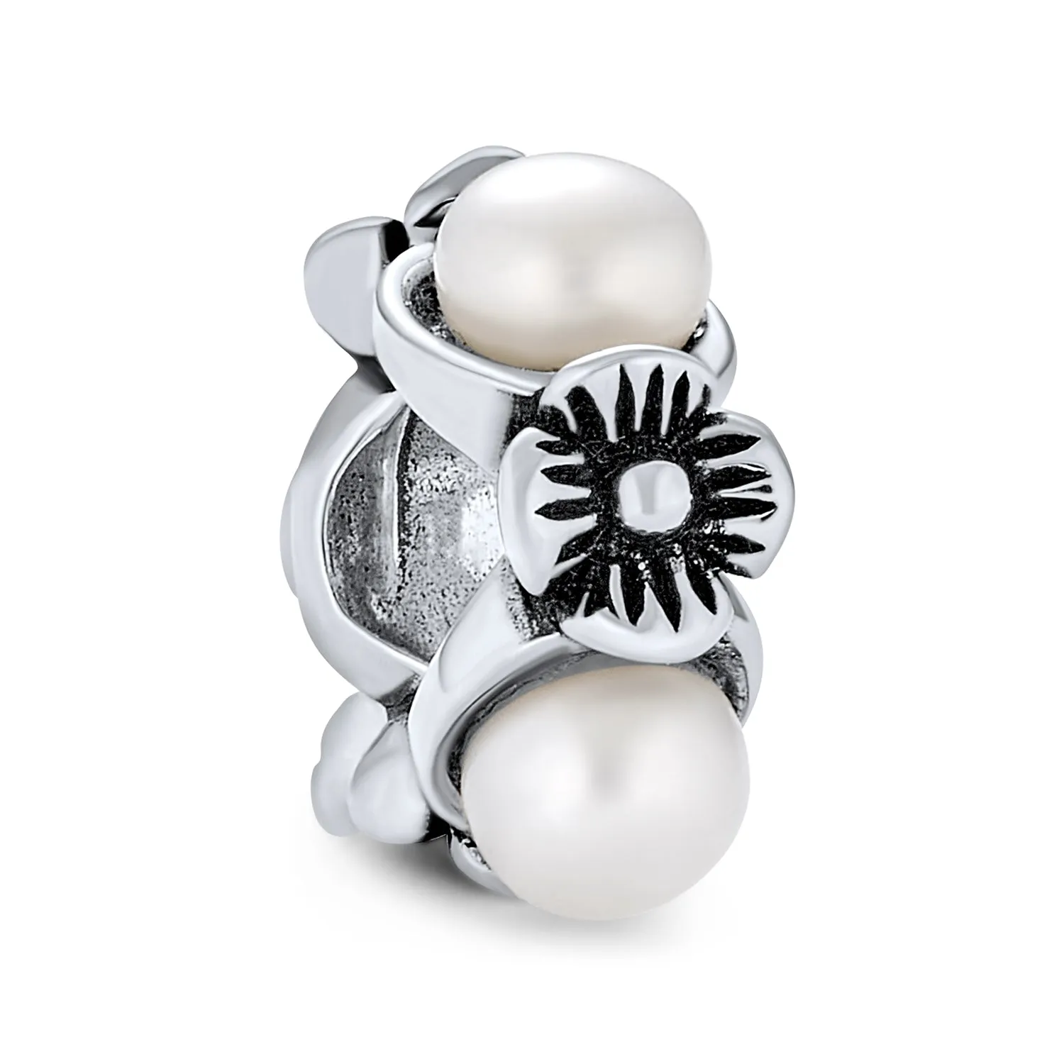 Flower White Simulated Pearl Dangle Spacer Bead Charm Sterling Silver