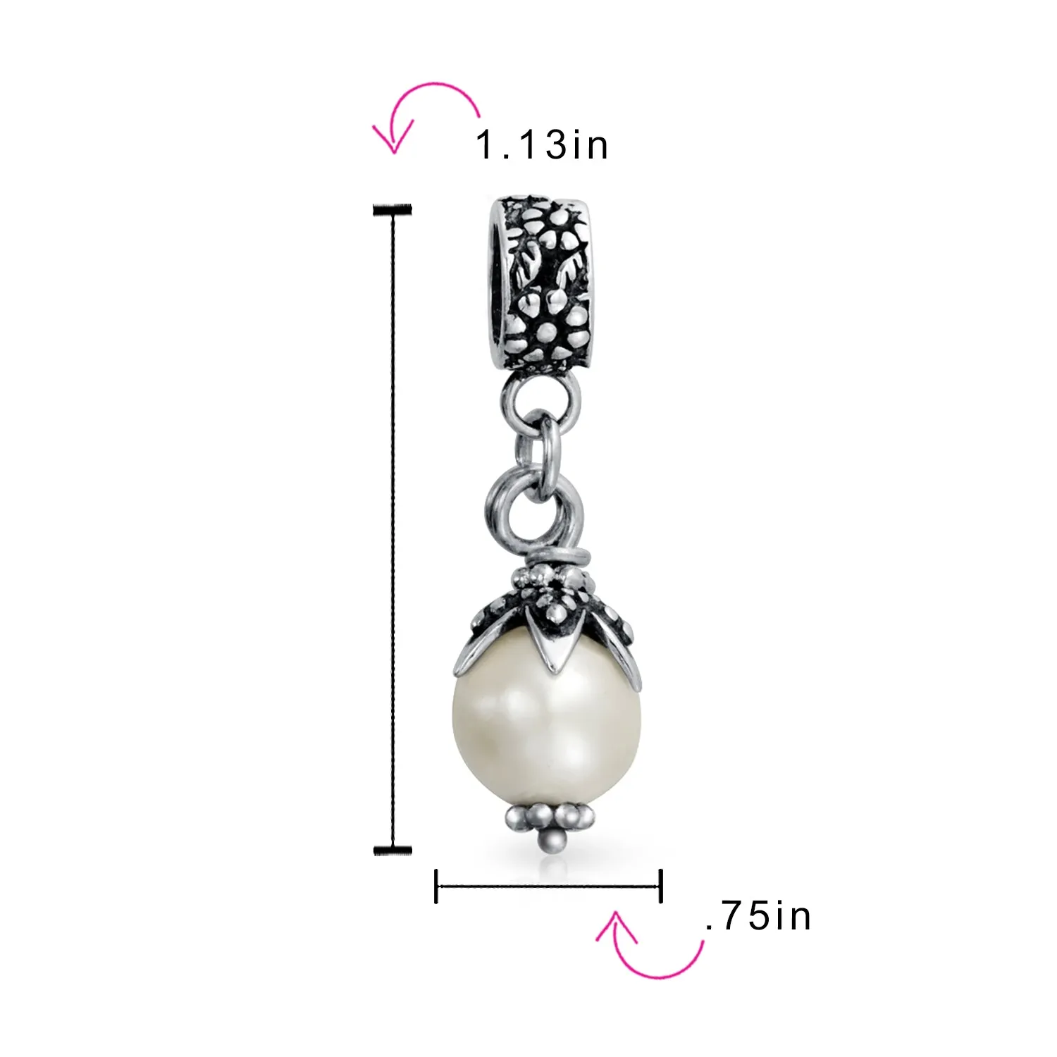 Flower White Simulated Pearl Dangle Spacer Bead Charm Sterling Silver