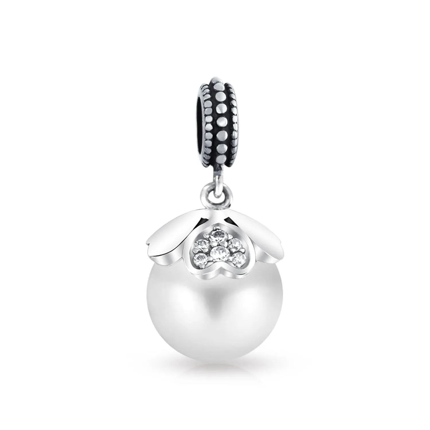 Flower White Simulated Pearl Dangle Spacer Bead Charm Sterling Silver