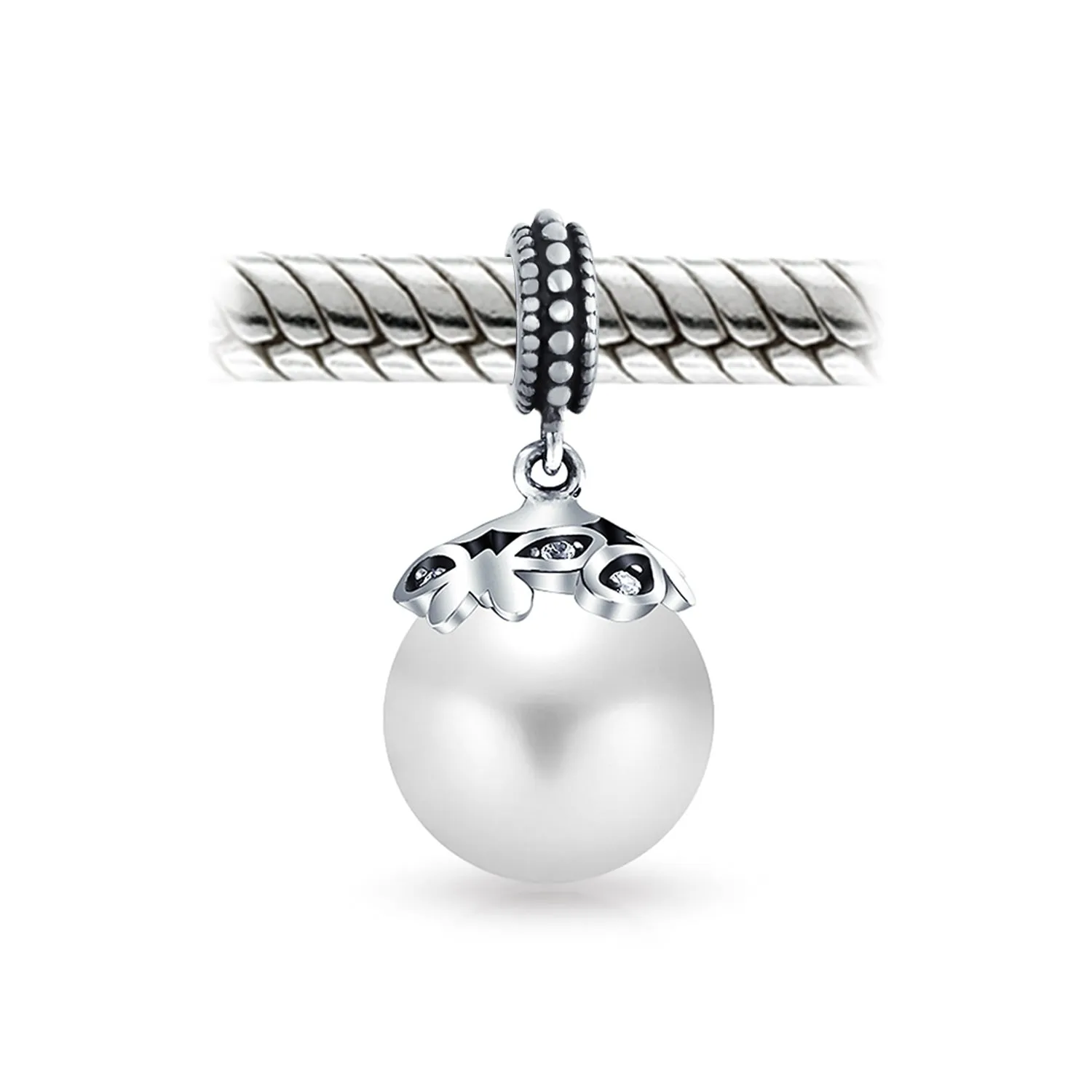 Flower White Simulated Pearl Dangle Spacer Bead Charm Sterling Silver