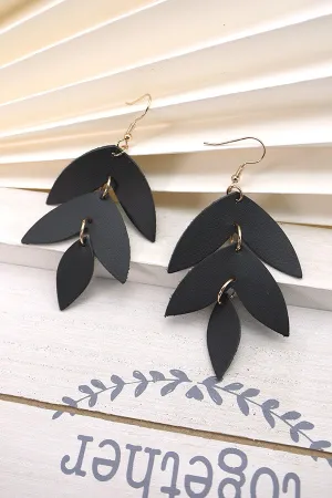Genuine Leather Leaf Dangle Earrings- Black