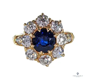 GIA Royal Blue Victorian 2.29ctw No Heat Old Mine Oval Sapphire Diamond Antique Vintage Cluster 14k Gold Ring