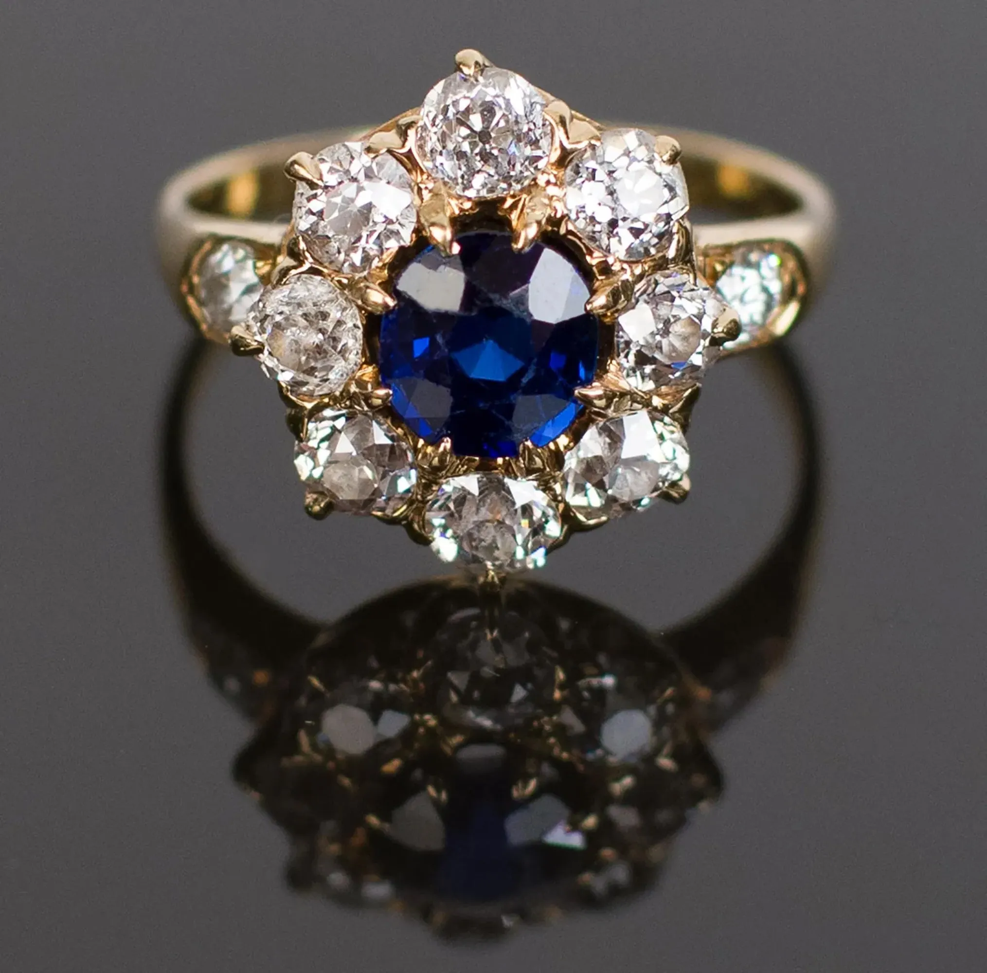 GIA Royal Blue Victorian 2.29ctw No Heat Old Mine Oval Sapphire Diamond Antique Vintage Cluster 14k Gold Ring