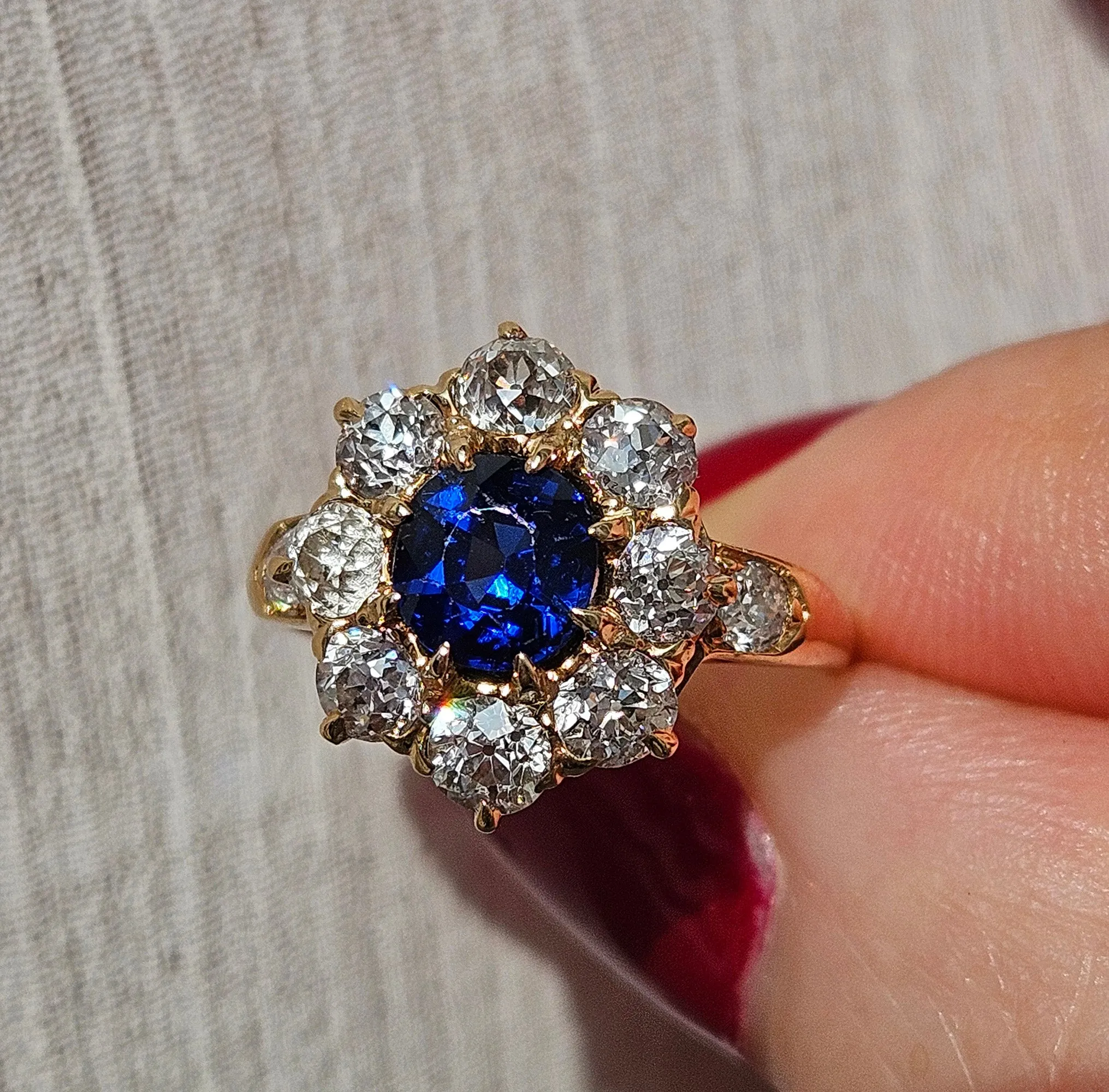 GIA Royal Blue Victorian 2.29ctw No Heat Old Mine Oval Sapphire Diamond Antique Vintage Cluster 14k Gold Ring