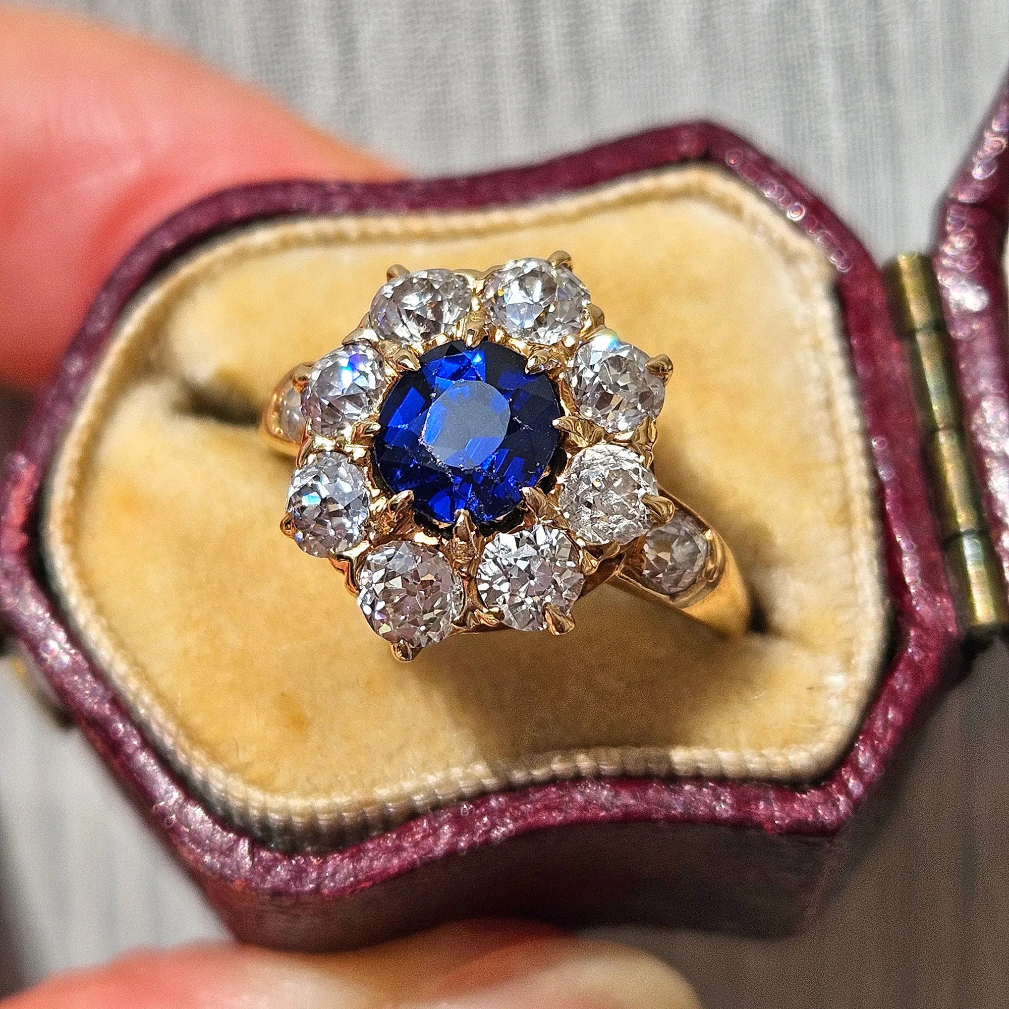 GIA Royal Blue Victorian 2.29ctw No Heat Old Mine Oval Sapphire Diamond Antique Vintage Cluster 14k Gold Ring