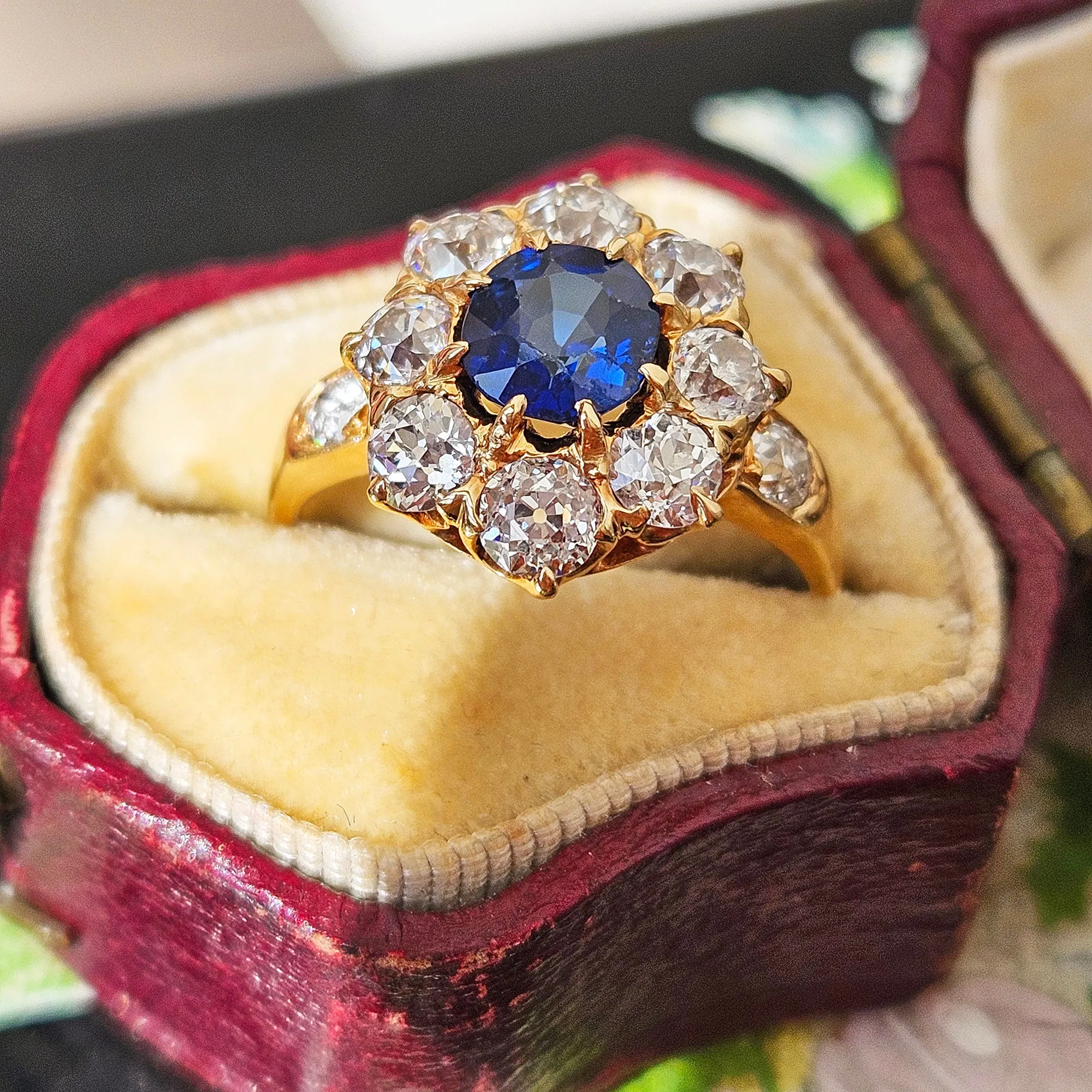 GIA Royal Blue Victorian 2.29ctw No Heat Old Mine Oval Sapphire Diamond Antique Vintage Cluster 14k Gold Ring