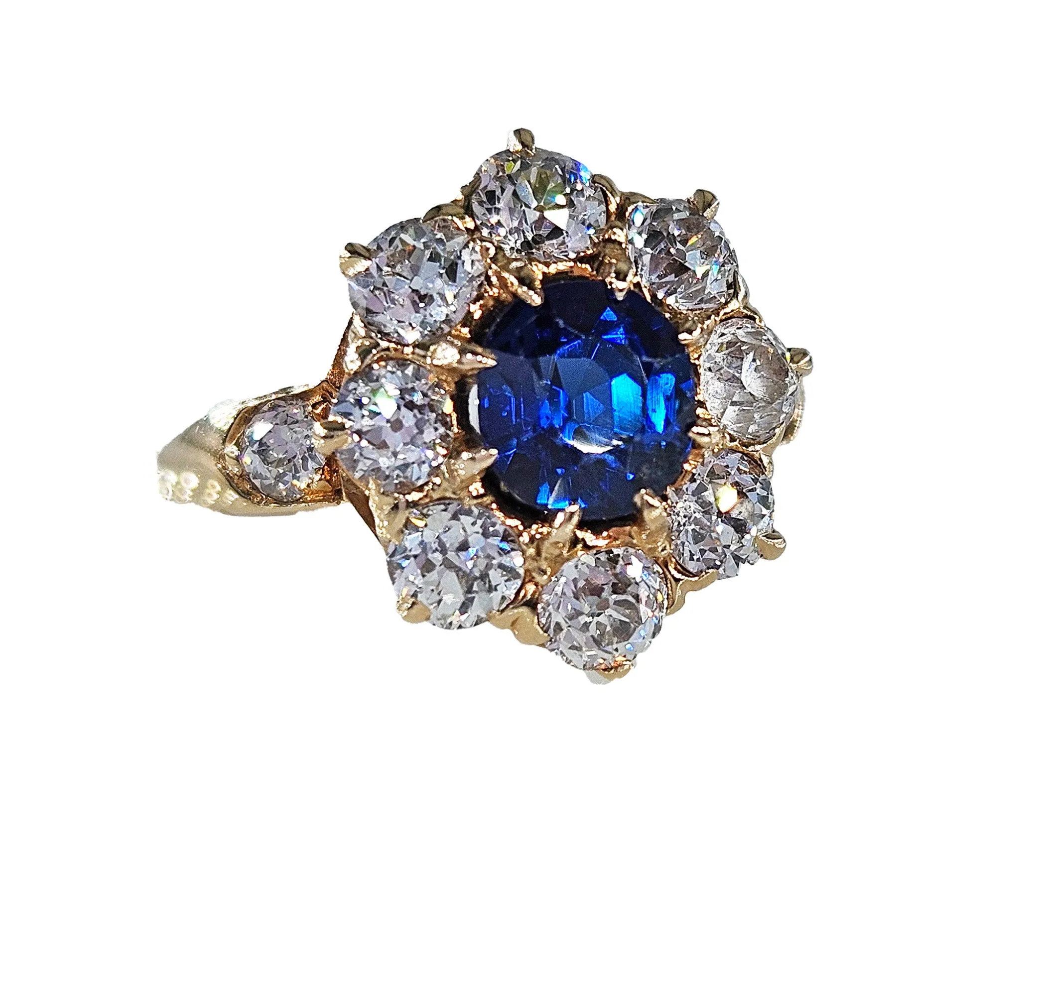 GIA Royal Blue Victorian 2.29ctw No Heat Old Mine Oval Sapphire Diamond Antique Vintage Cluster 14k Gold Ring