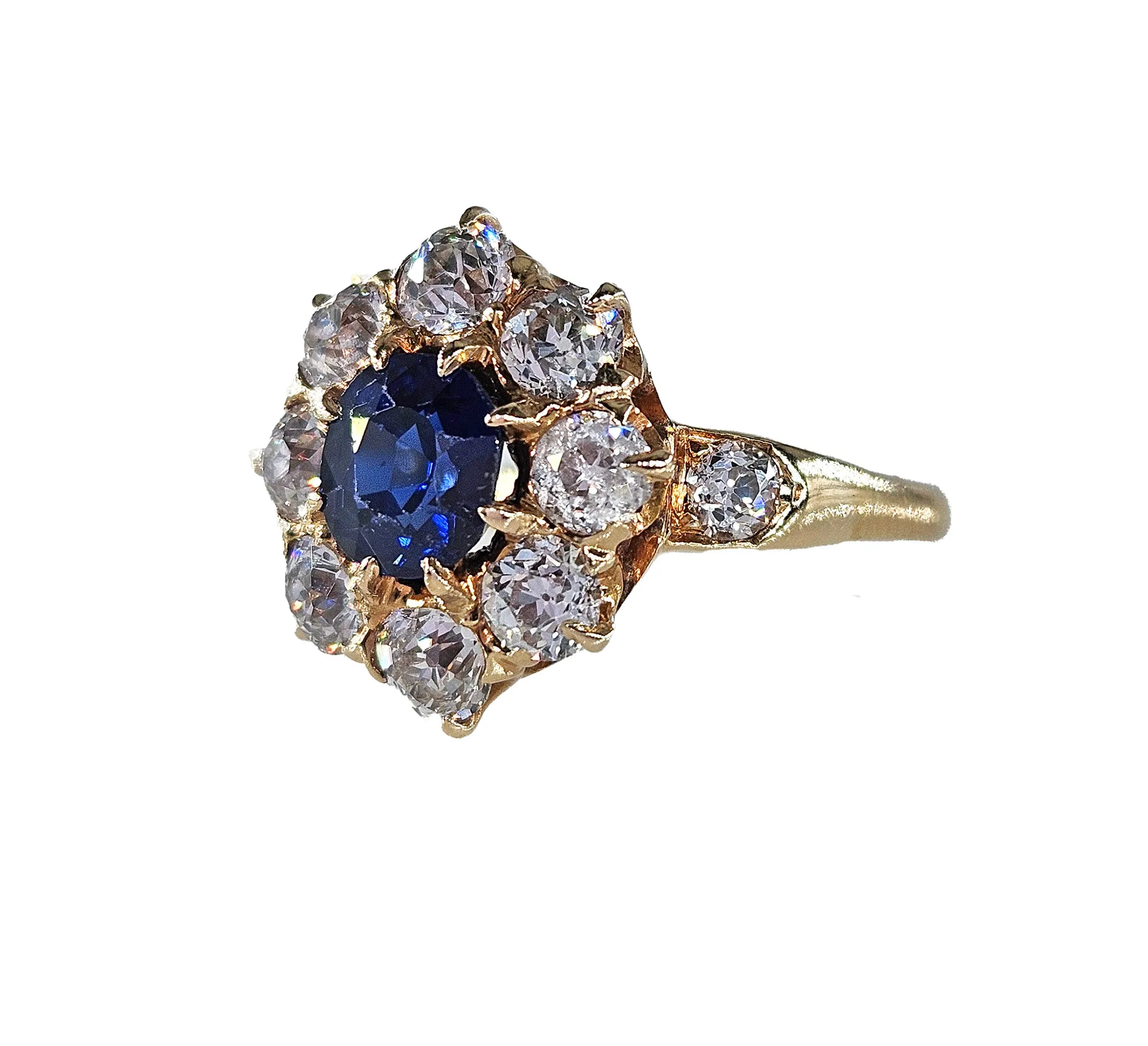 GIA Royal Blue Victorian 2.29ctw No Heat Old Mine Oval Sapphire Diamond Antique Vintage Cluster 14k Gold Ring