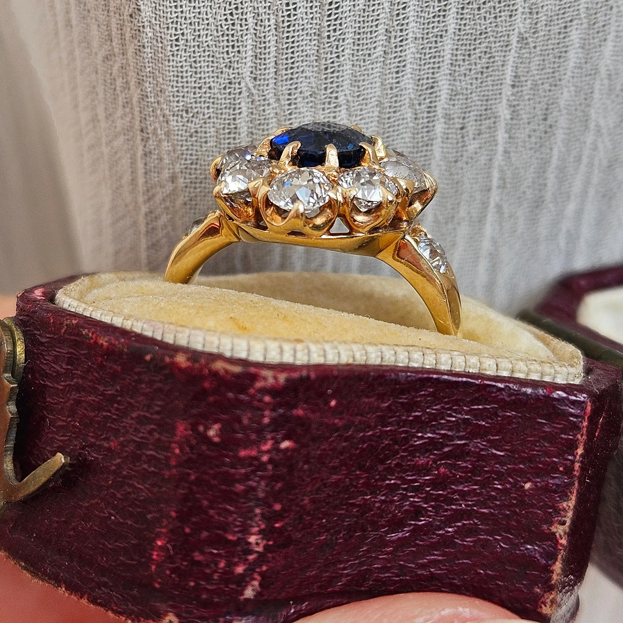 GIA Royal Blue Victorian 2.29ctw No Heat Old Mine Oval Sapphire Diamond Antique Vintage Cluster 14k Gold Ring