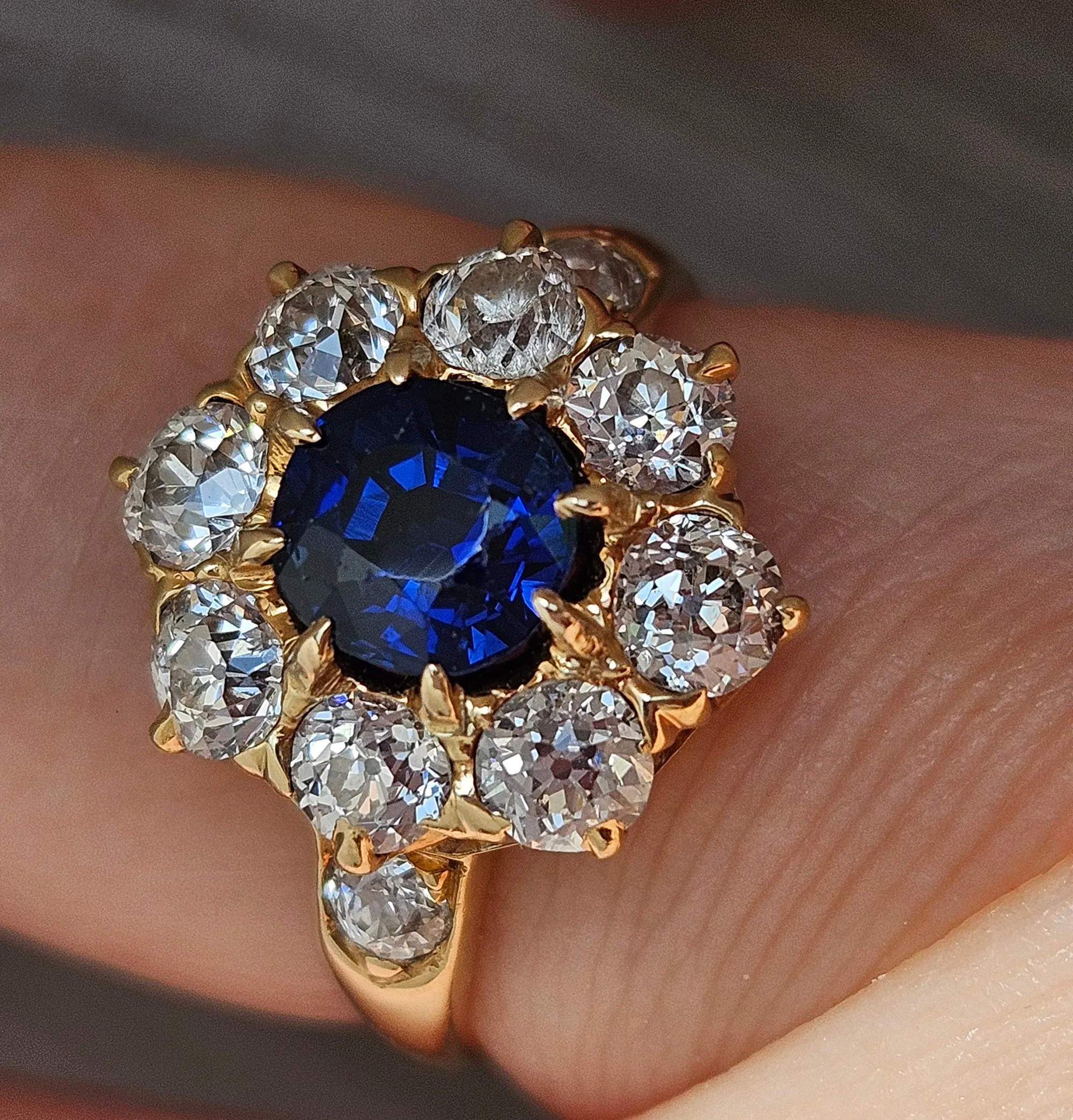 GIA Royal Blue Victorian 2.29ctw No Heat Old Mine Oval Sapphire Diamond Antique Vintage Cluster 14k Gold Ring