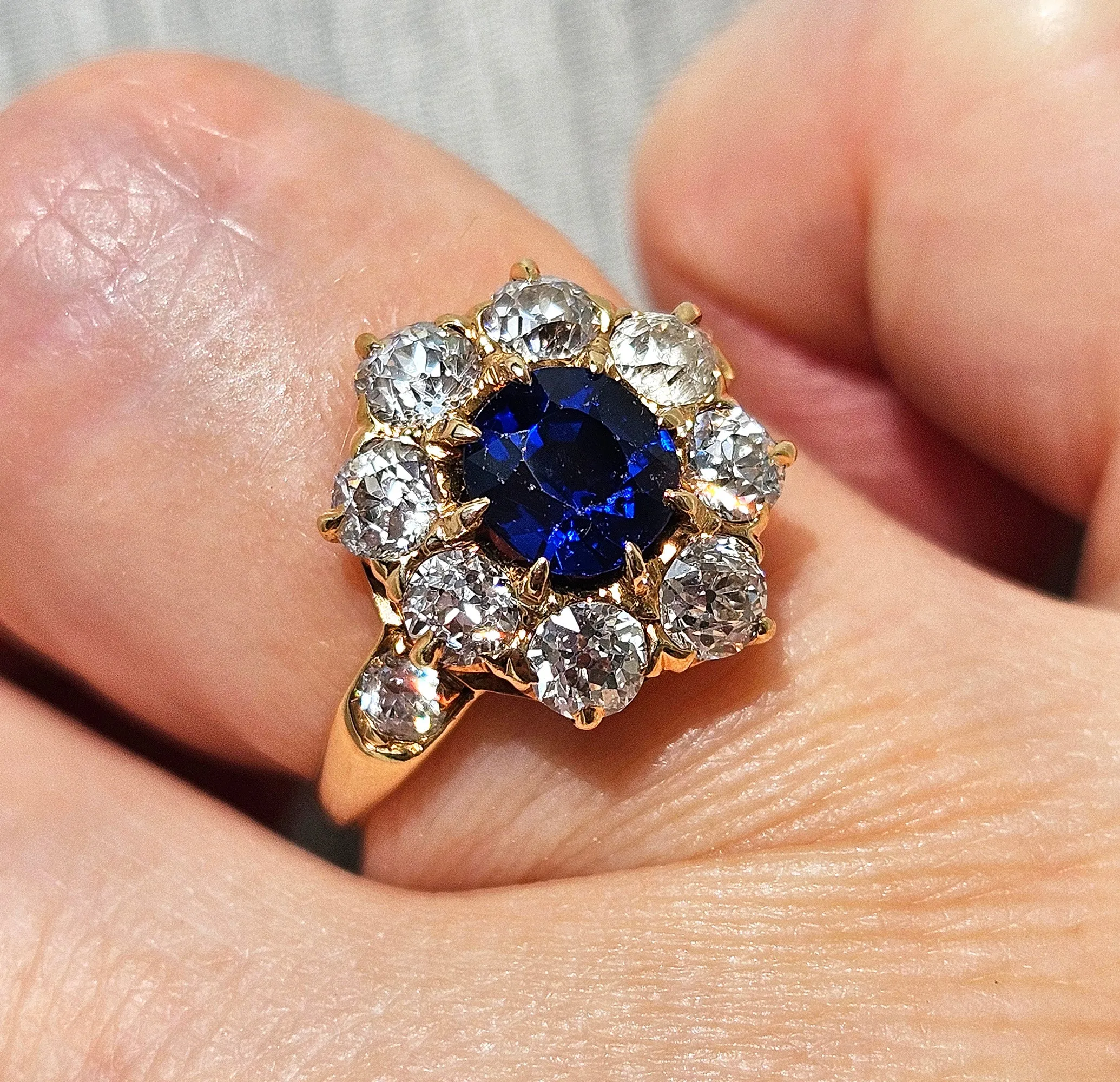 GIA Royal Blue Victorian 2.29ctw No Heat Old Mine Oval Sapphire Diamond Antique Vintage Cluster 14k Gold Ring