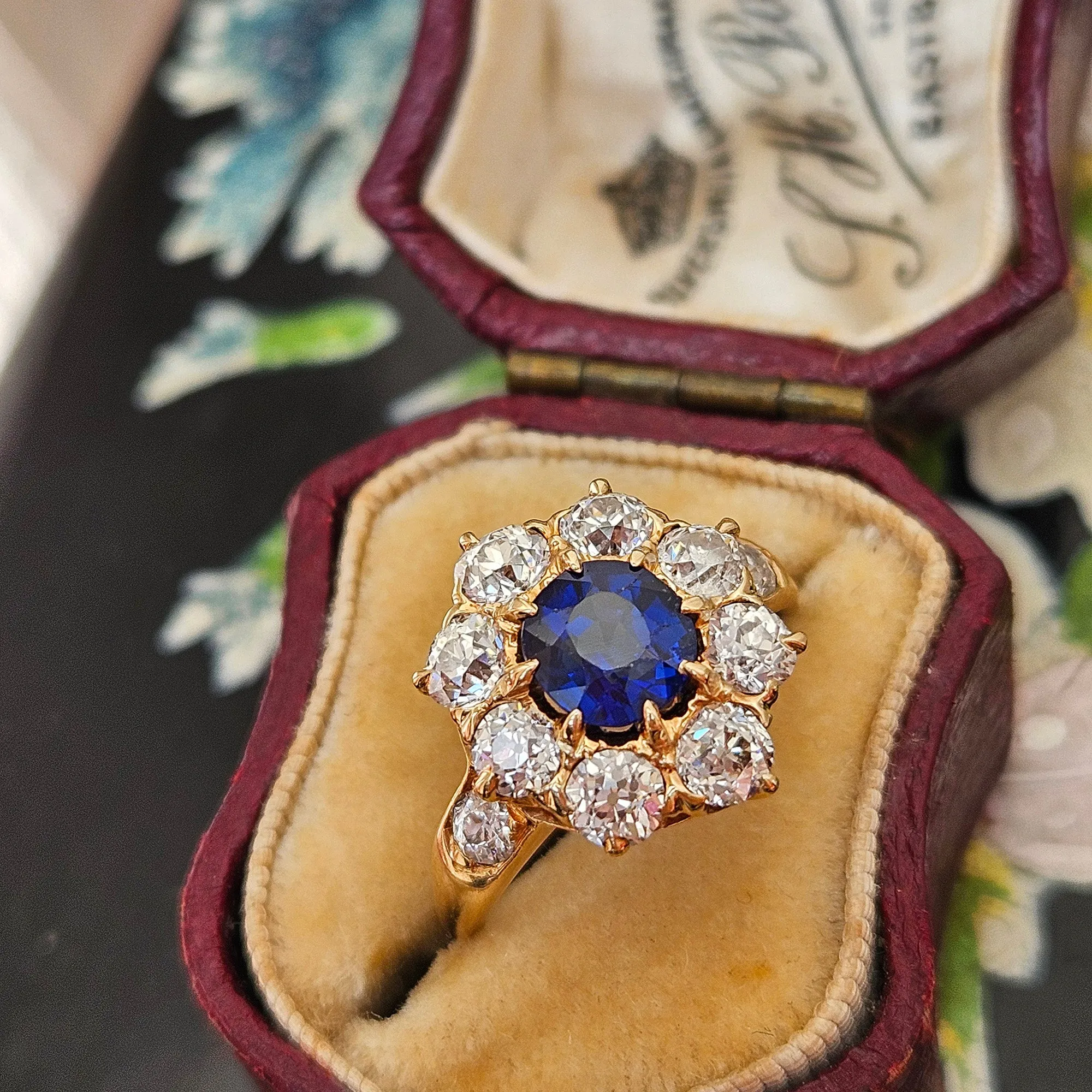 GIA Royal Blue Victorian 2.29ctw No Heat Old Mine Oval Sapphire Diamond Antique Vintage Cluster 14k Gold Ring
