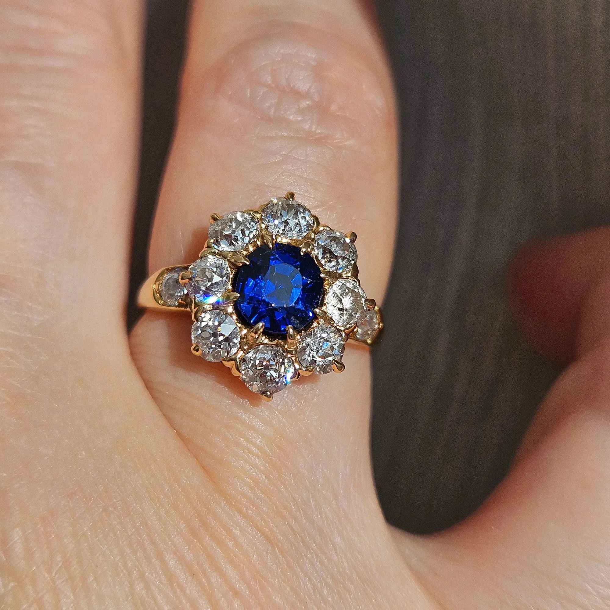 GIA Royal Blue Victorian 2.29ctw No Heat Old Mine Oval Sapphire Diamond Antique Vintage Cluster 14k Gold Ring