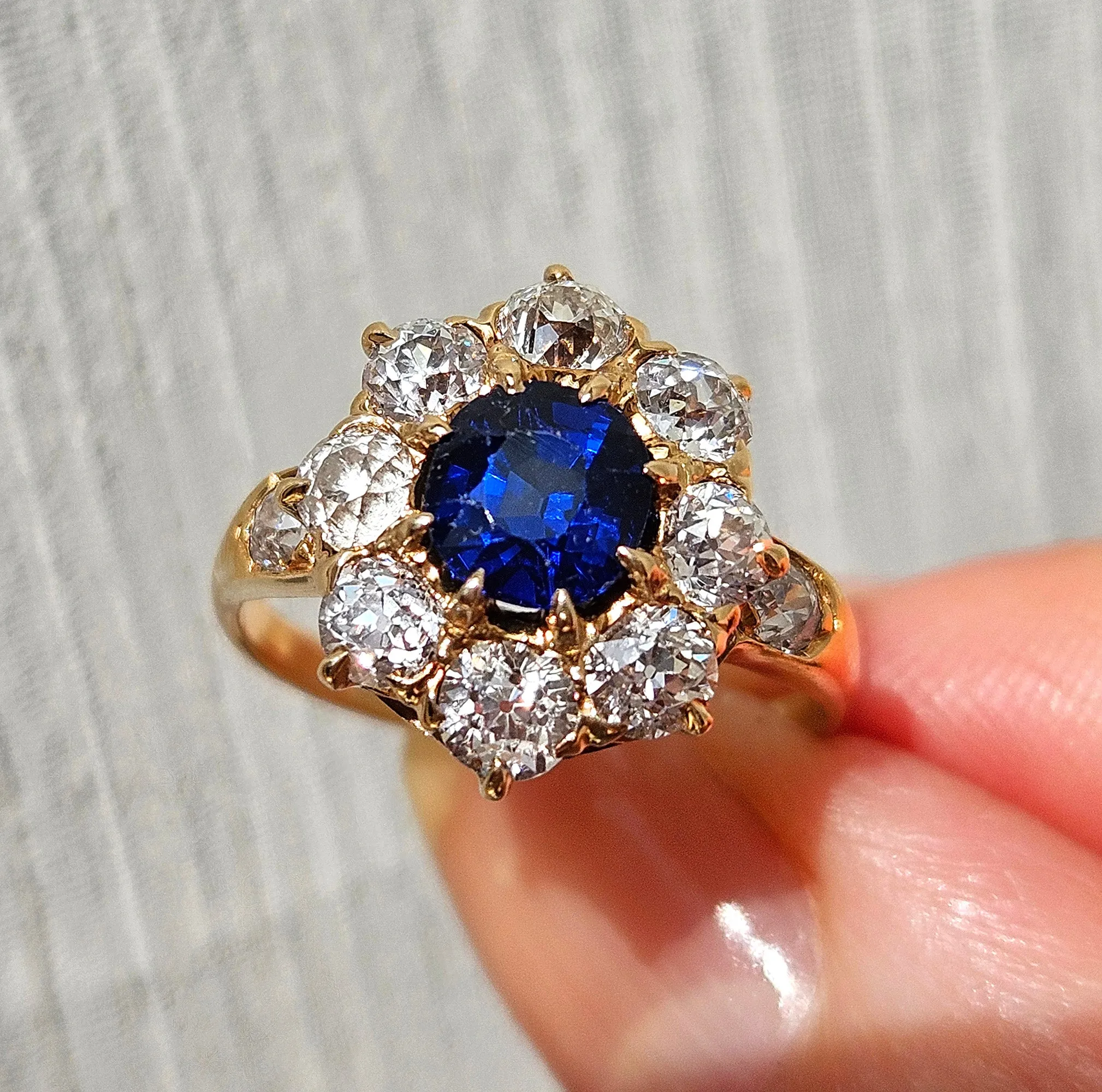 GIA Royal Blue Victorian 2.29ctw No Heat Old Mine Oval Sapphire Diamond Antique Vintage Cluster 14k Gold Ring