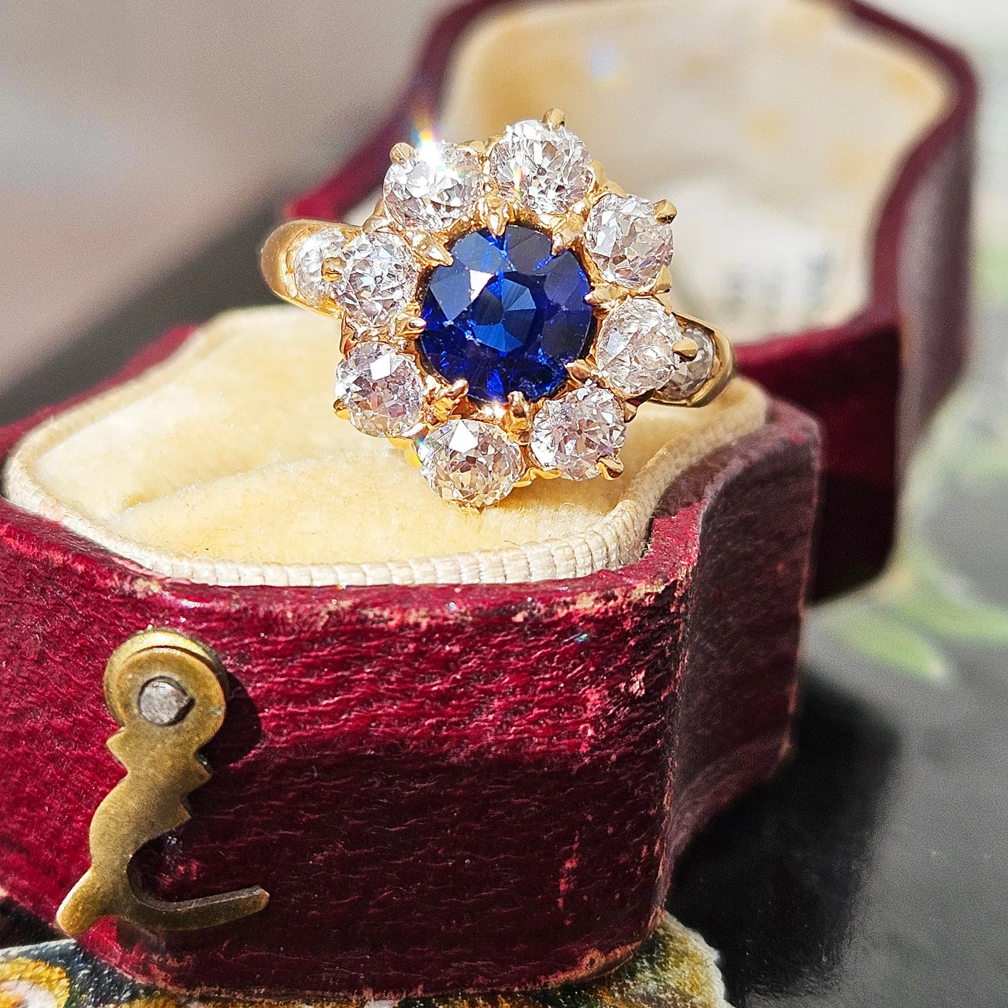 GIA Royal Blue Victorian 2.29ctw No Heat Old Mine Oval Sapphire Diamond Antique Vintage Cluster 14k Gold Ring