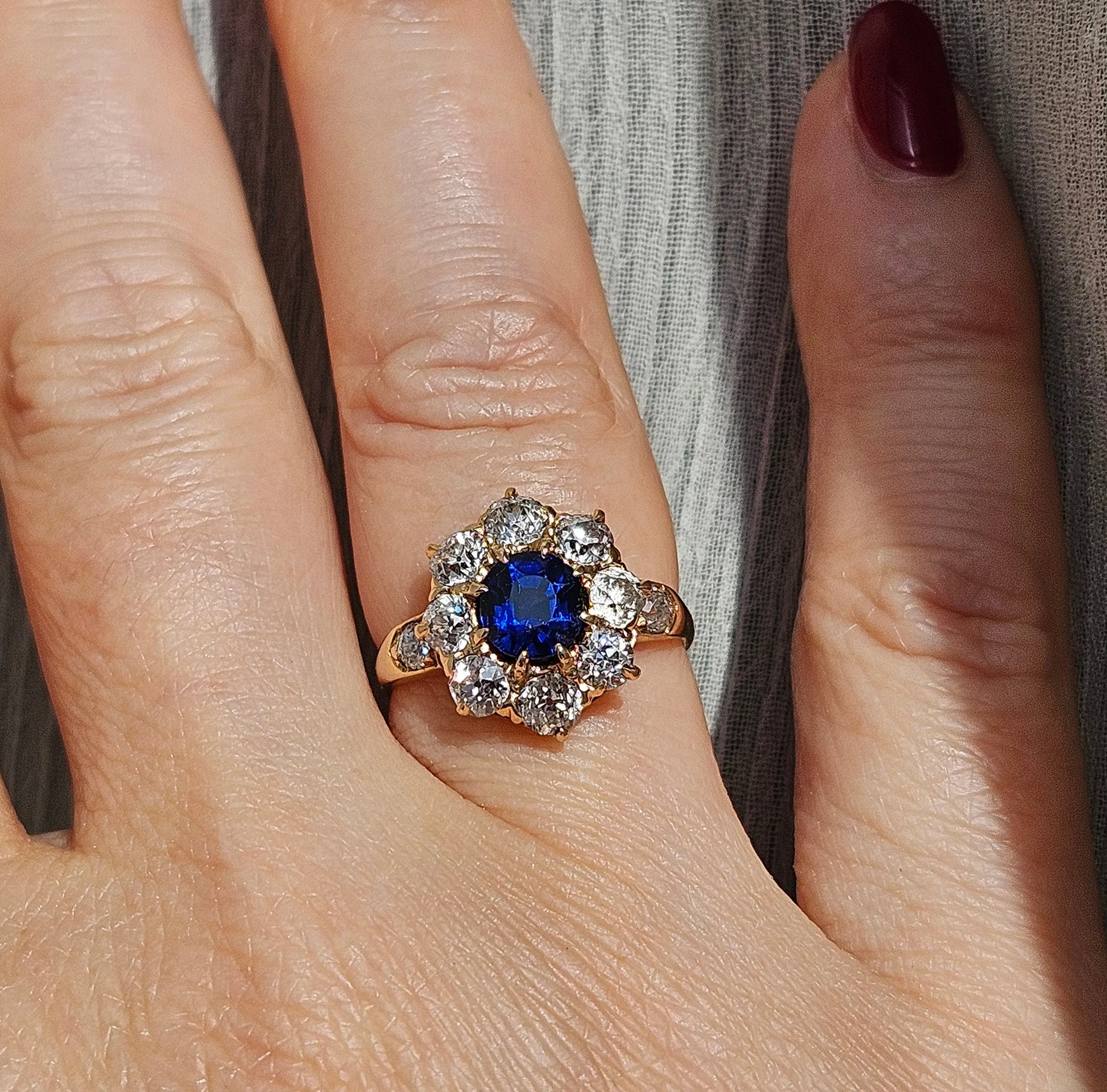 GIA Royal Blue Victorian 2.29ctw No Heat Old Mine Oval Sapphire Diamond Antique Vintage Cluster 14k Gold Ring