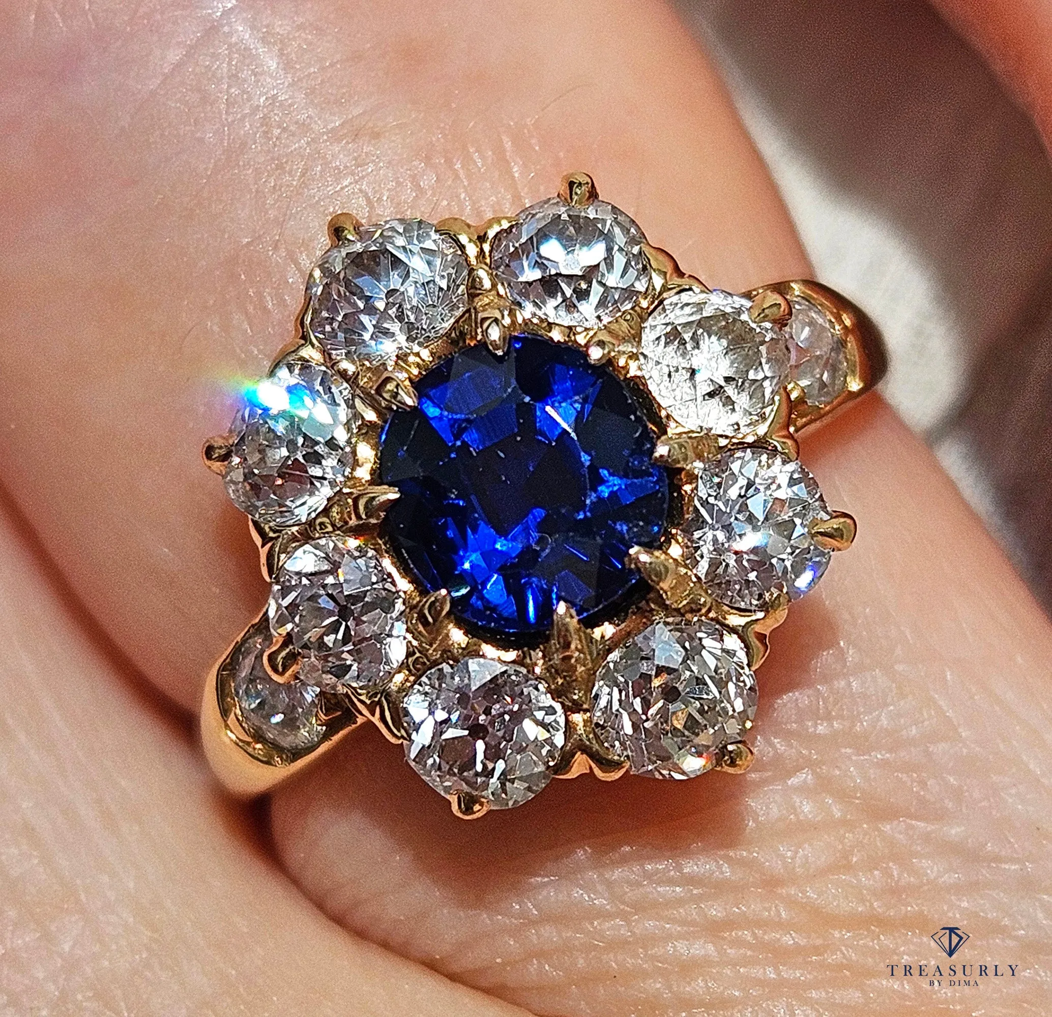 GIA Royal Blue Victorian 2.29ctw No Heat Old Mine Oval Sapphire Diamond Antique Vintage Cluster 14k Gold Ring