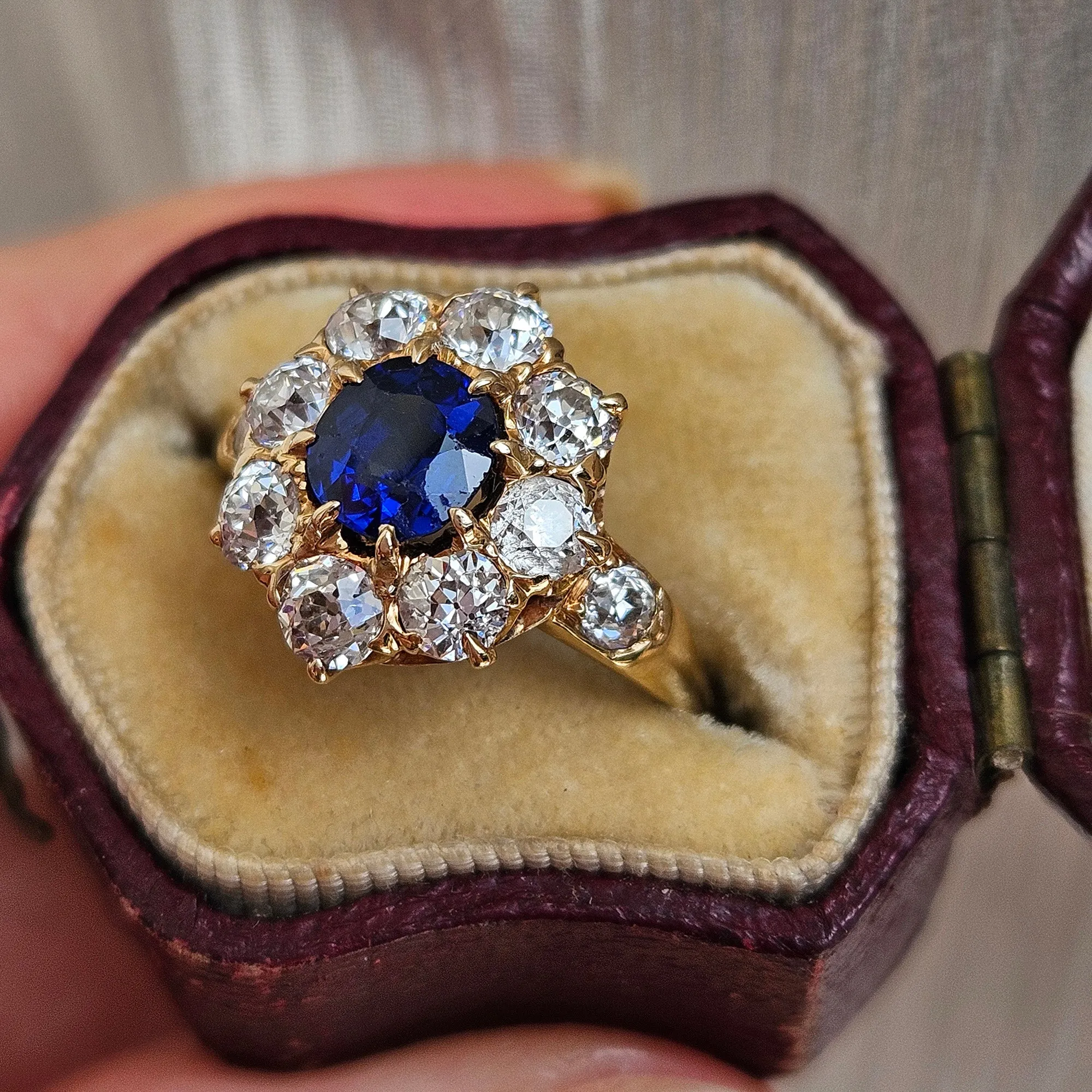 GIA Royal Blue Victorian 2.29ctw No Heat Old Mine Oval Sapphire Diamond Antique Vintage Cluster 14k Gold Ring